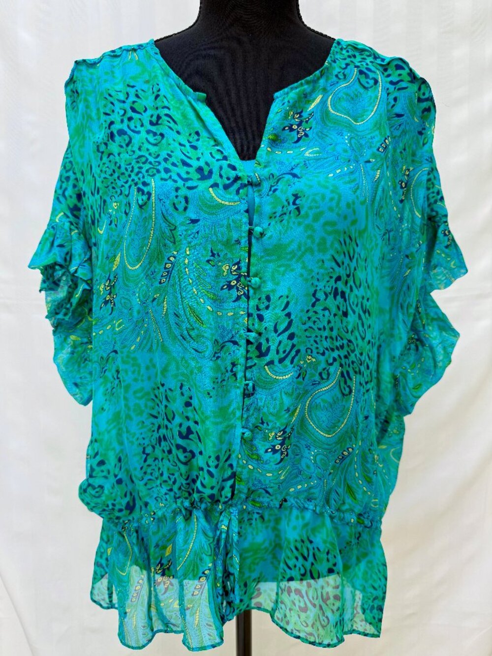 MM Couture Silk Sheer Tunic Blouse Paisley Leopard with Cami Blue Green Size S